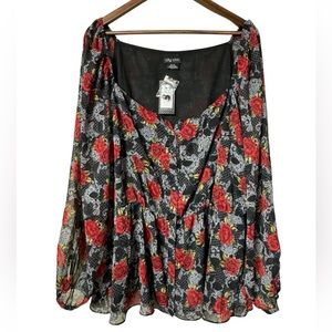City Chic Floral Affair Red Roses‎ Blouse Black Red Button Up Top Size XL/22 NWT